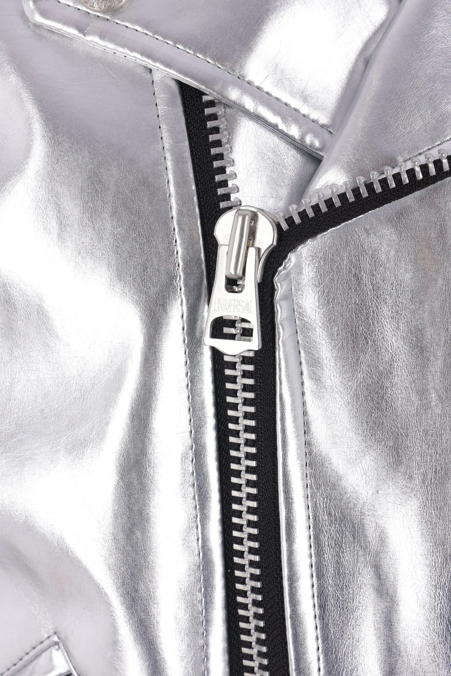 biker jacket in metallized faux leather