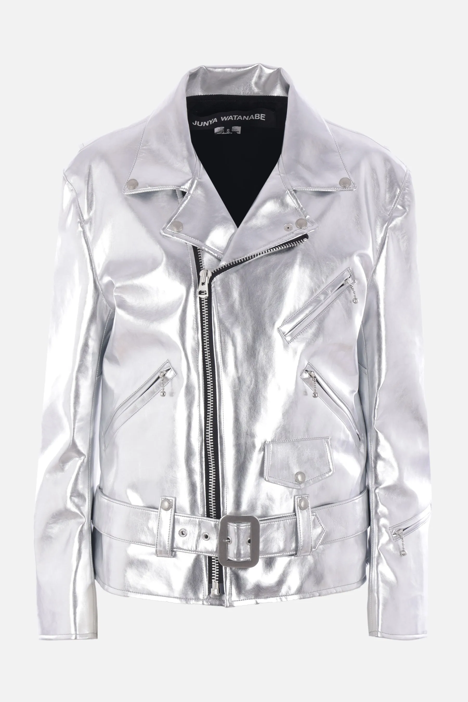 biker jacket in metallized faux leather