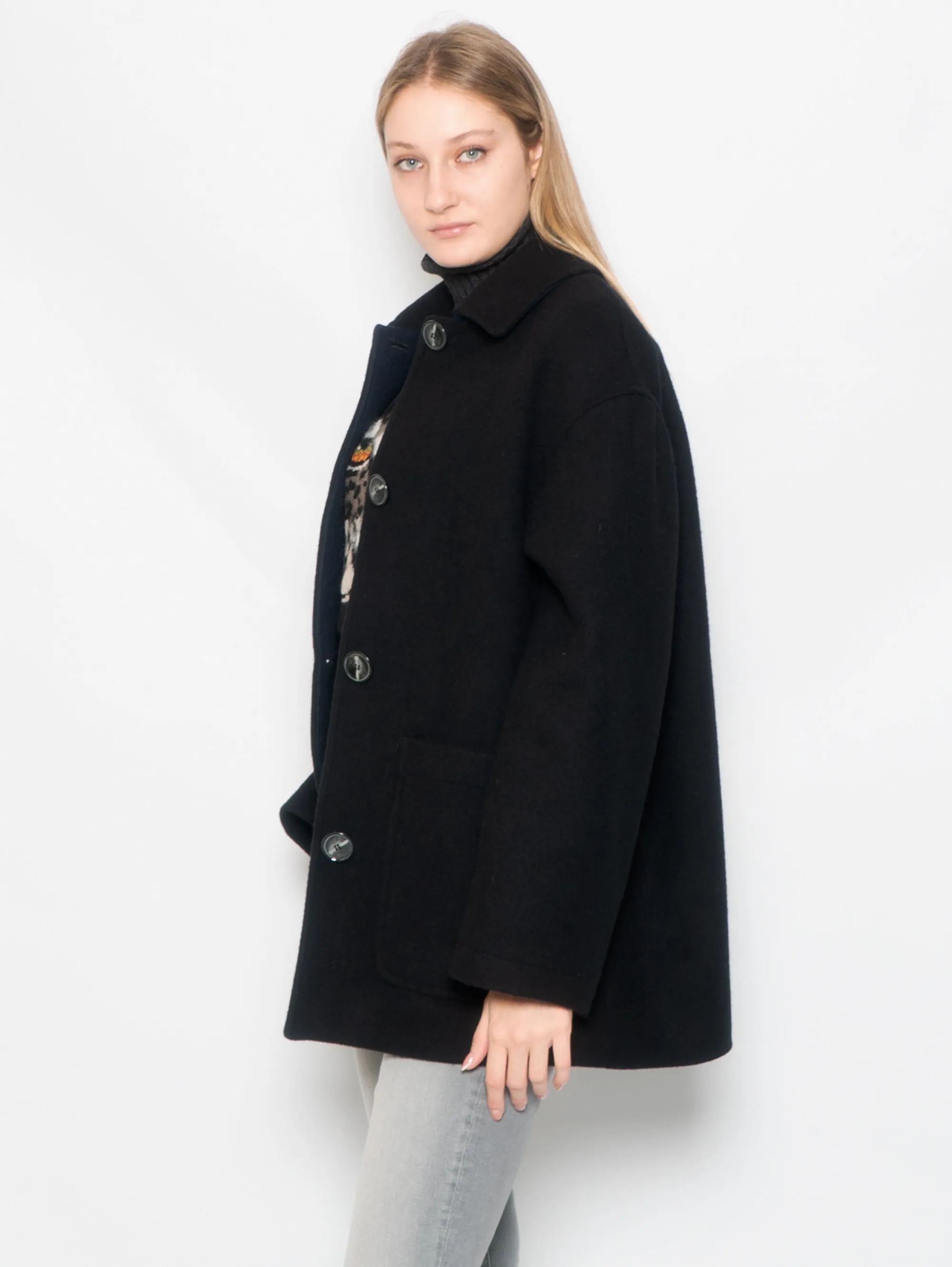 Black Pea Coat with Shirt Collar