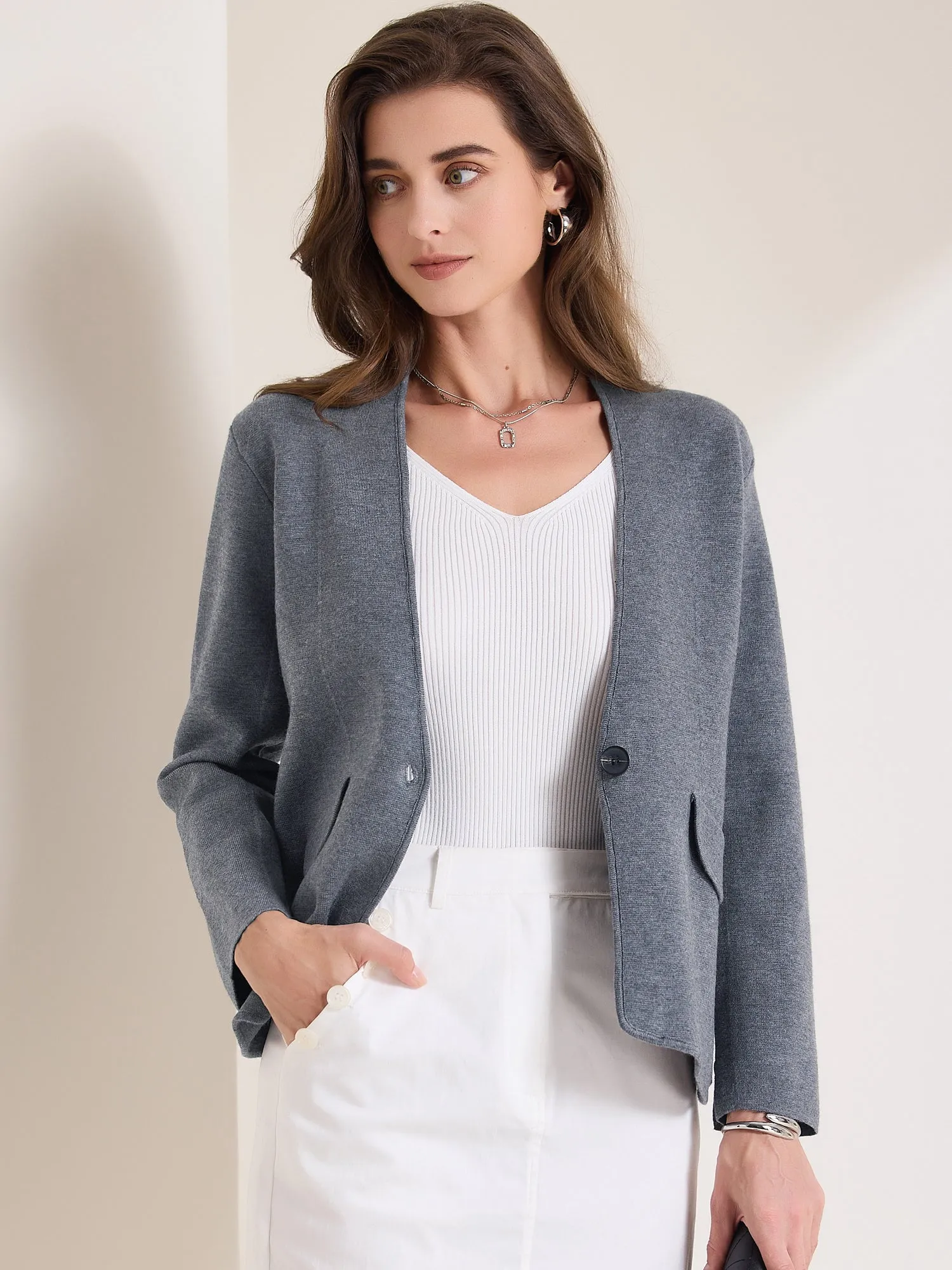 Collarless Long Sleeve One Button Business Office Jacket