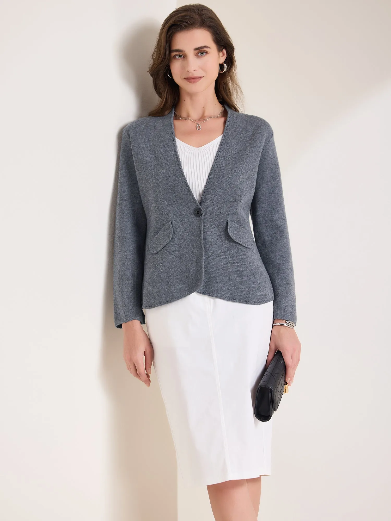 Collarless Long Sleeve One Button Business Office Jacket