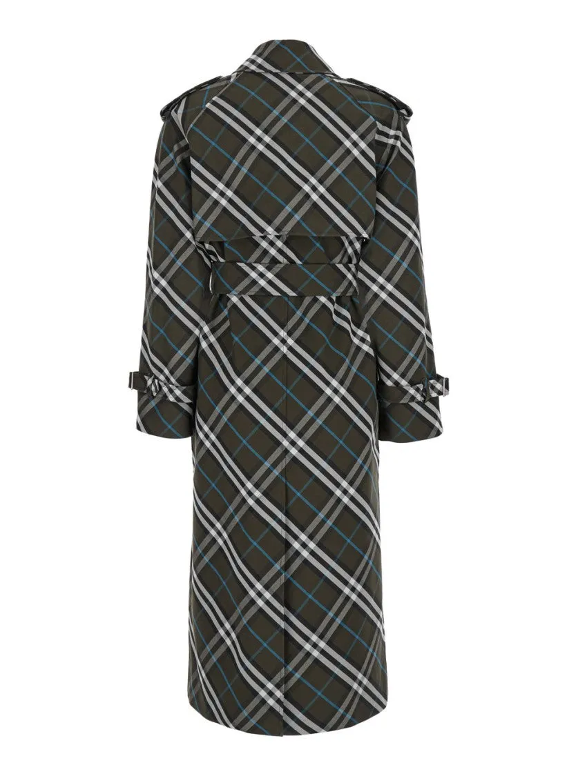 Green Oversized Double-Breasted Trench Coat With Check Motif In Twill