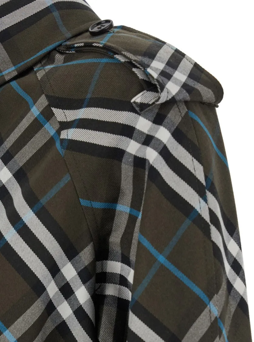 Green Oversized Double-Breasted Trench Coat With Check Motif In Twill