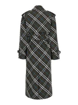 Green Oversized Double-Breasted Trench Coat With Check Motif In Twill