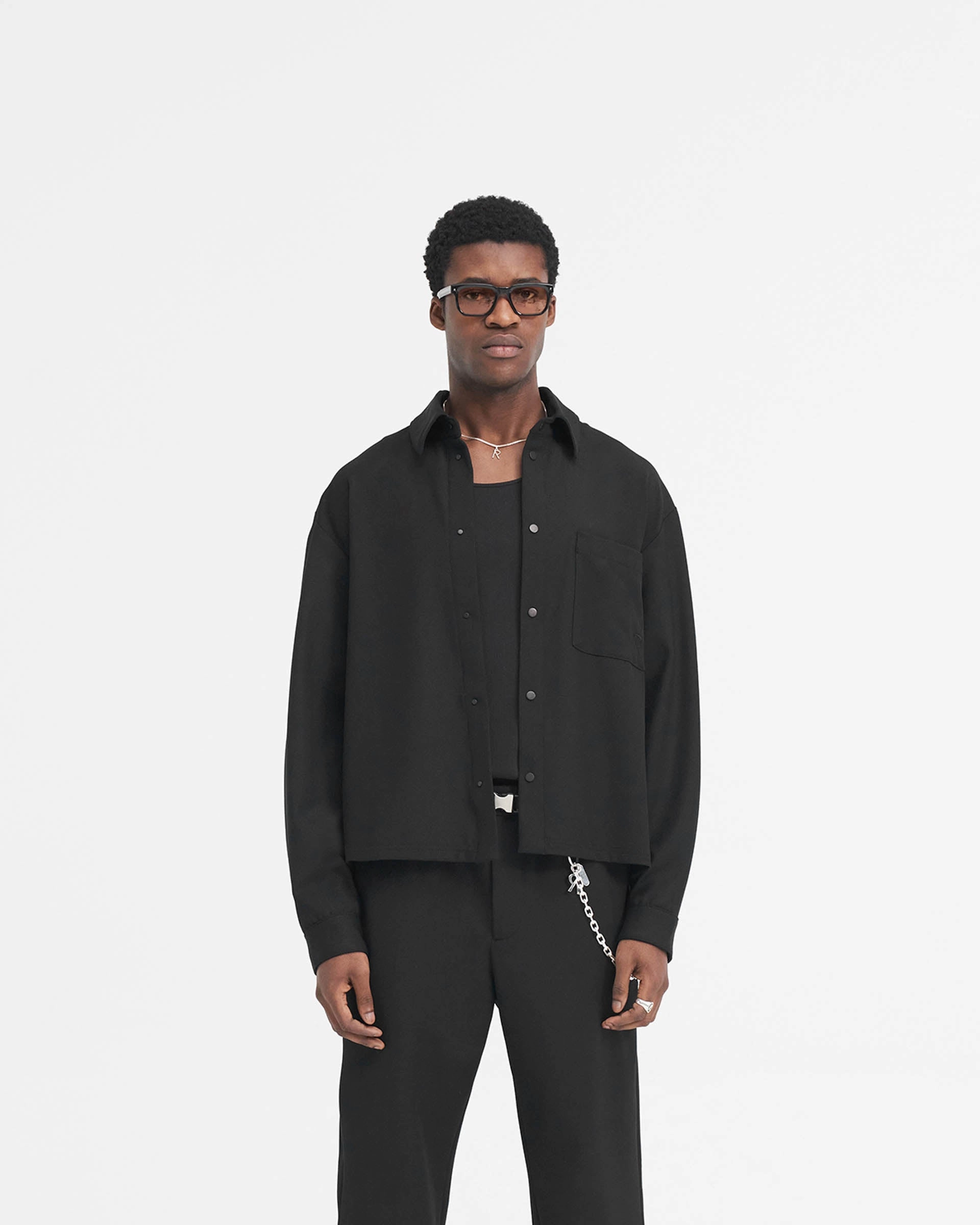 Initial Cropped Dress Shirt - Black