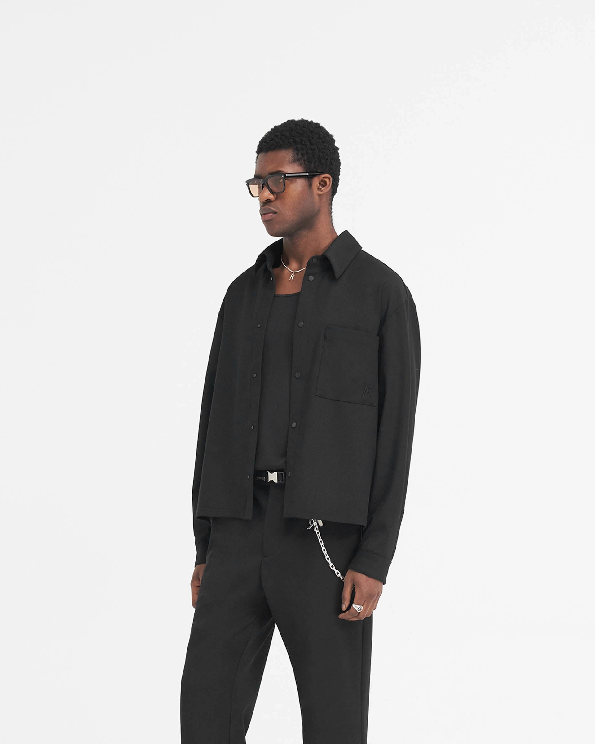 Initial Cropped Dress Shirt - Black