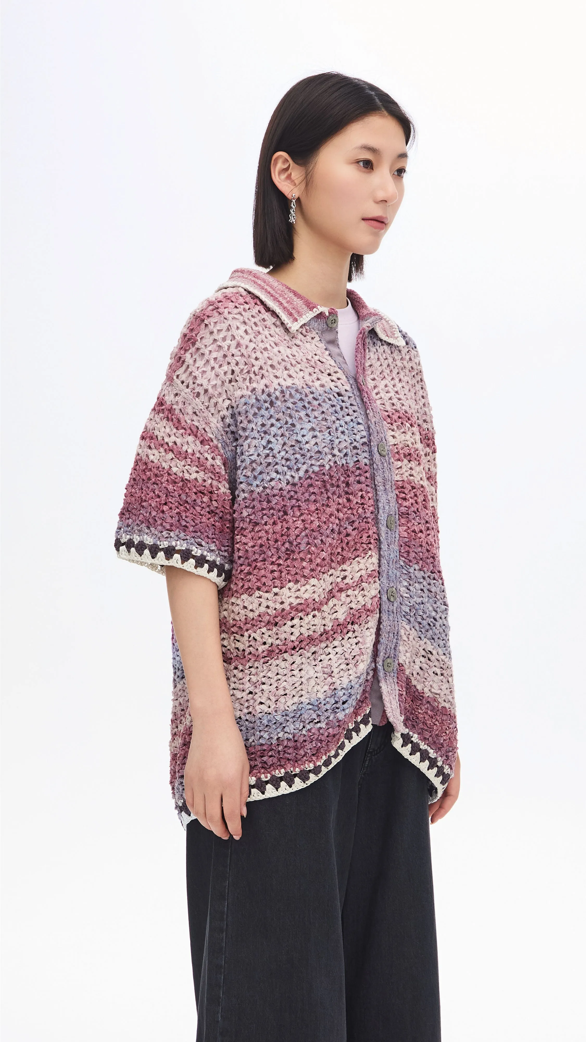 Knitted Space Dye Open Collar Cardigan