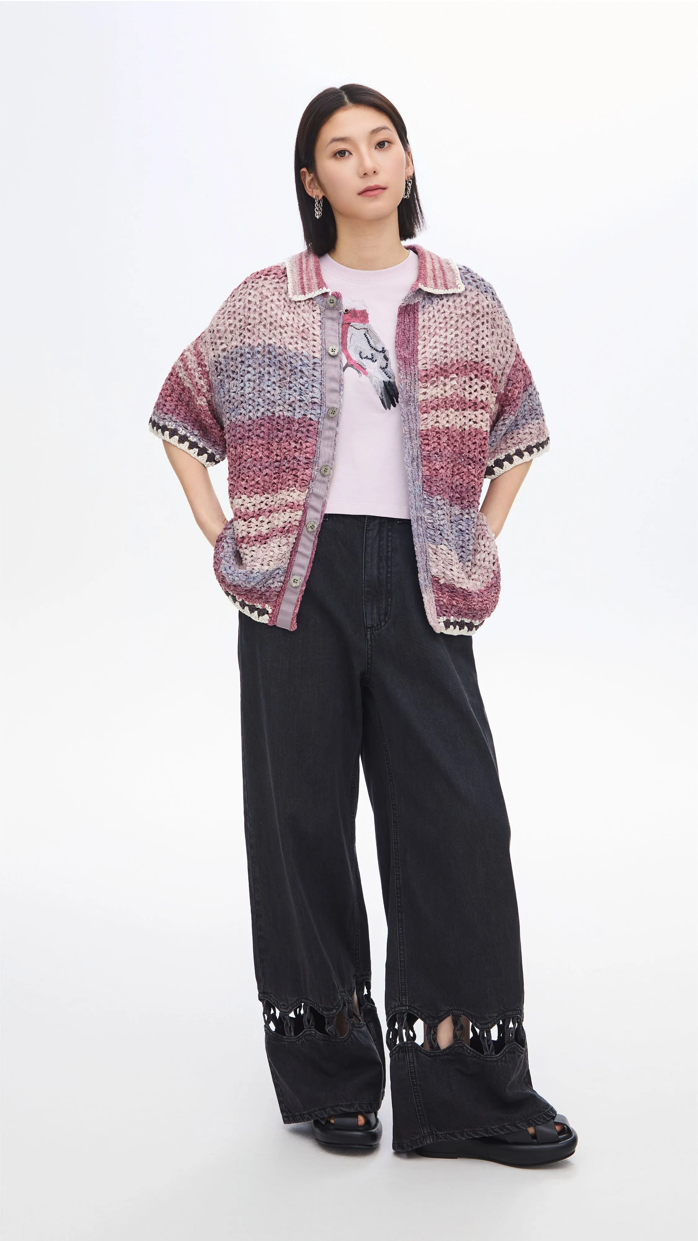 Knitted Space Dye Open Collar Cardigan
