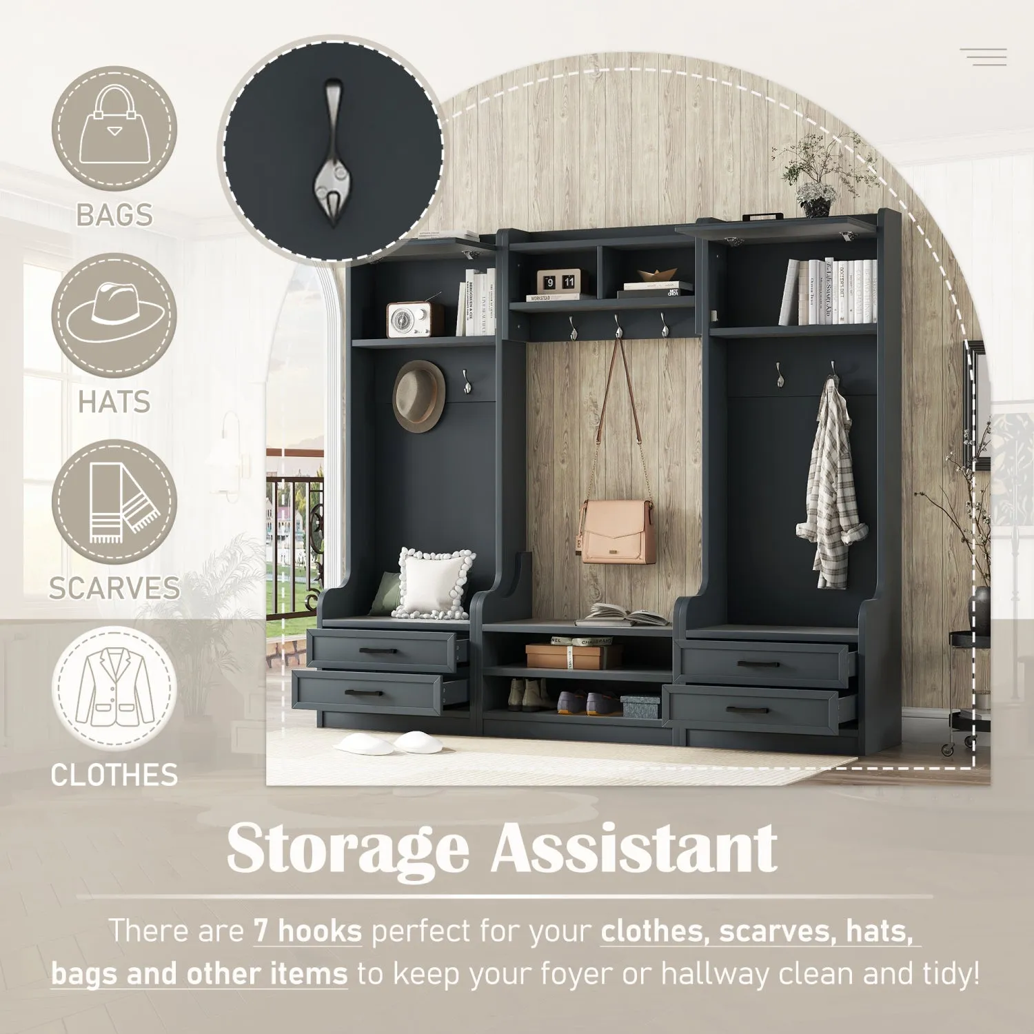 Streamdale 4-in-1 Hall Tree: Storage, Hooks, Drawers & Bench - Antique Blue