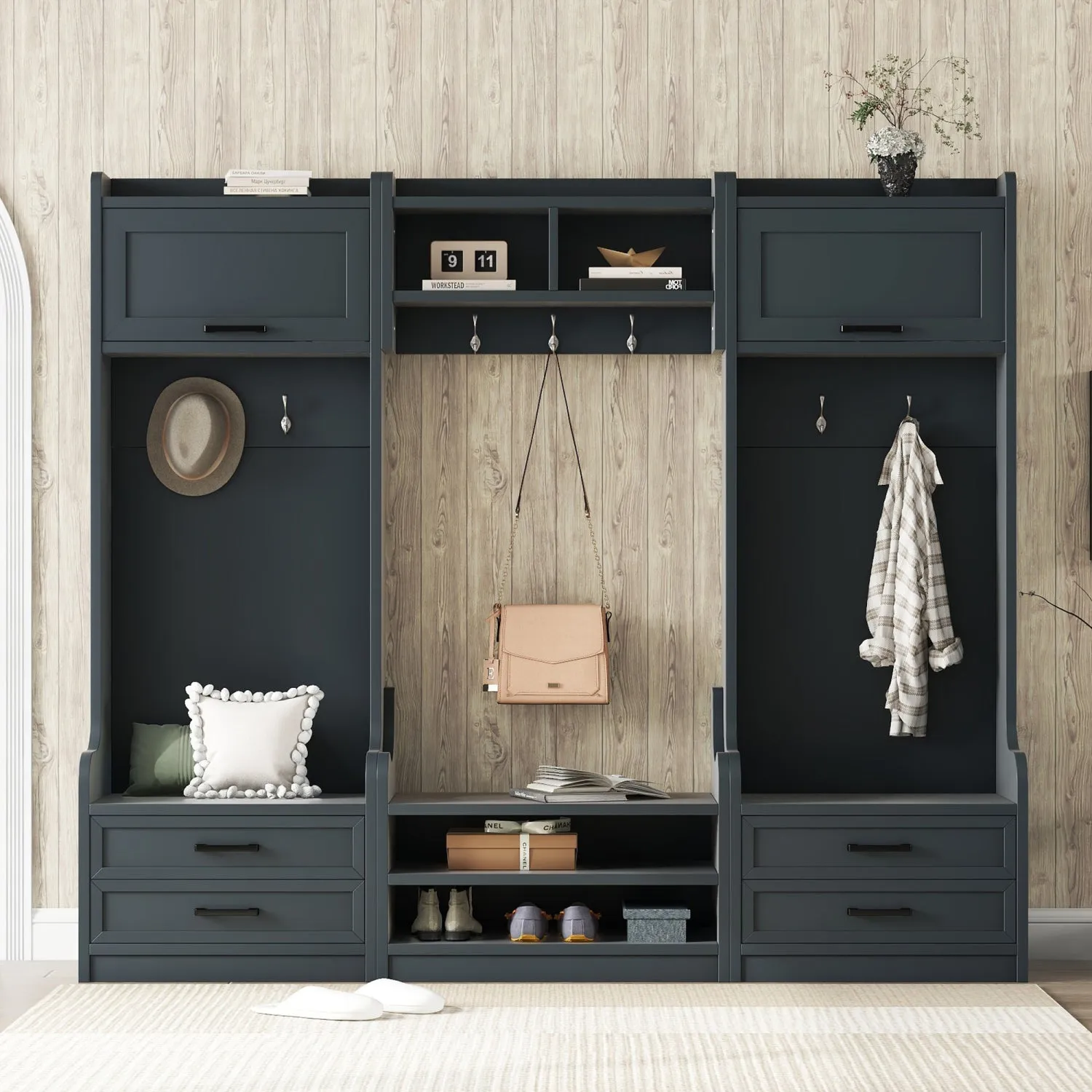Streamdale 4-in-1 Hall Tree: Storage, Hooks, Drawers & Bench - Antique Blue