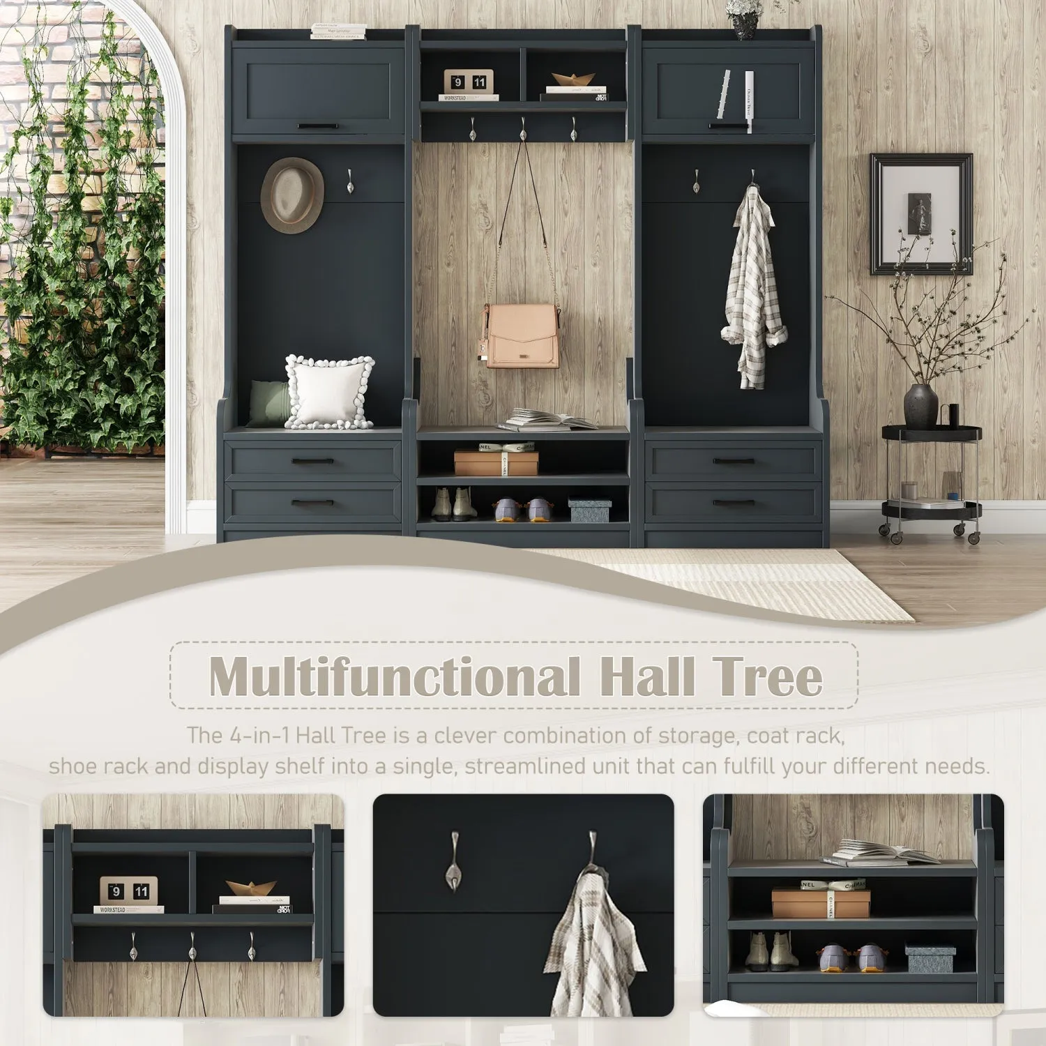 Streamdale 4-in-1 Hall Tree: Storage, Hooks, Drawers & Bench - Antique Blue