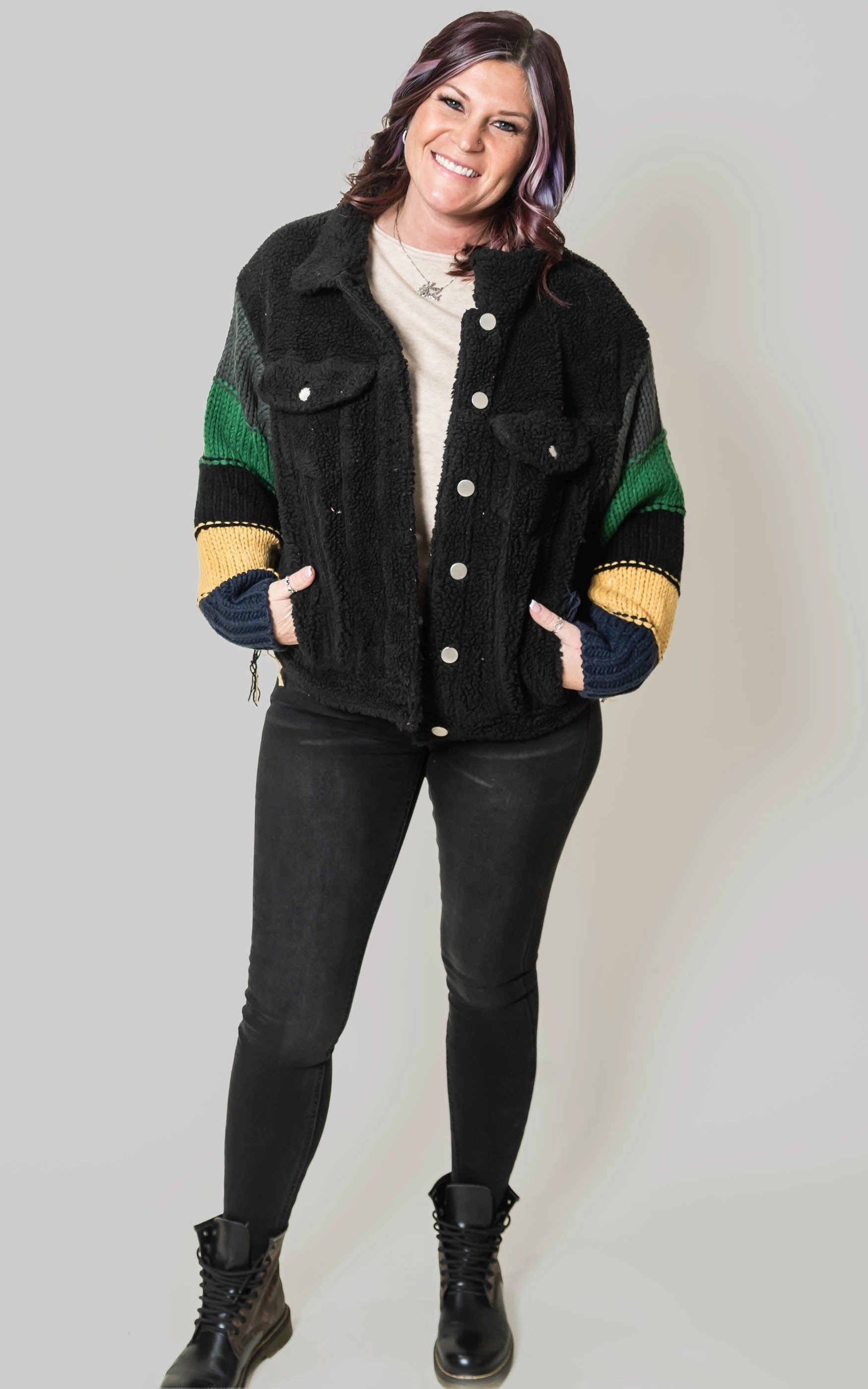 Stripe Knit Sleeves Fleece Jacket - POL Final Sale*