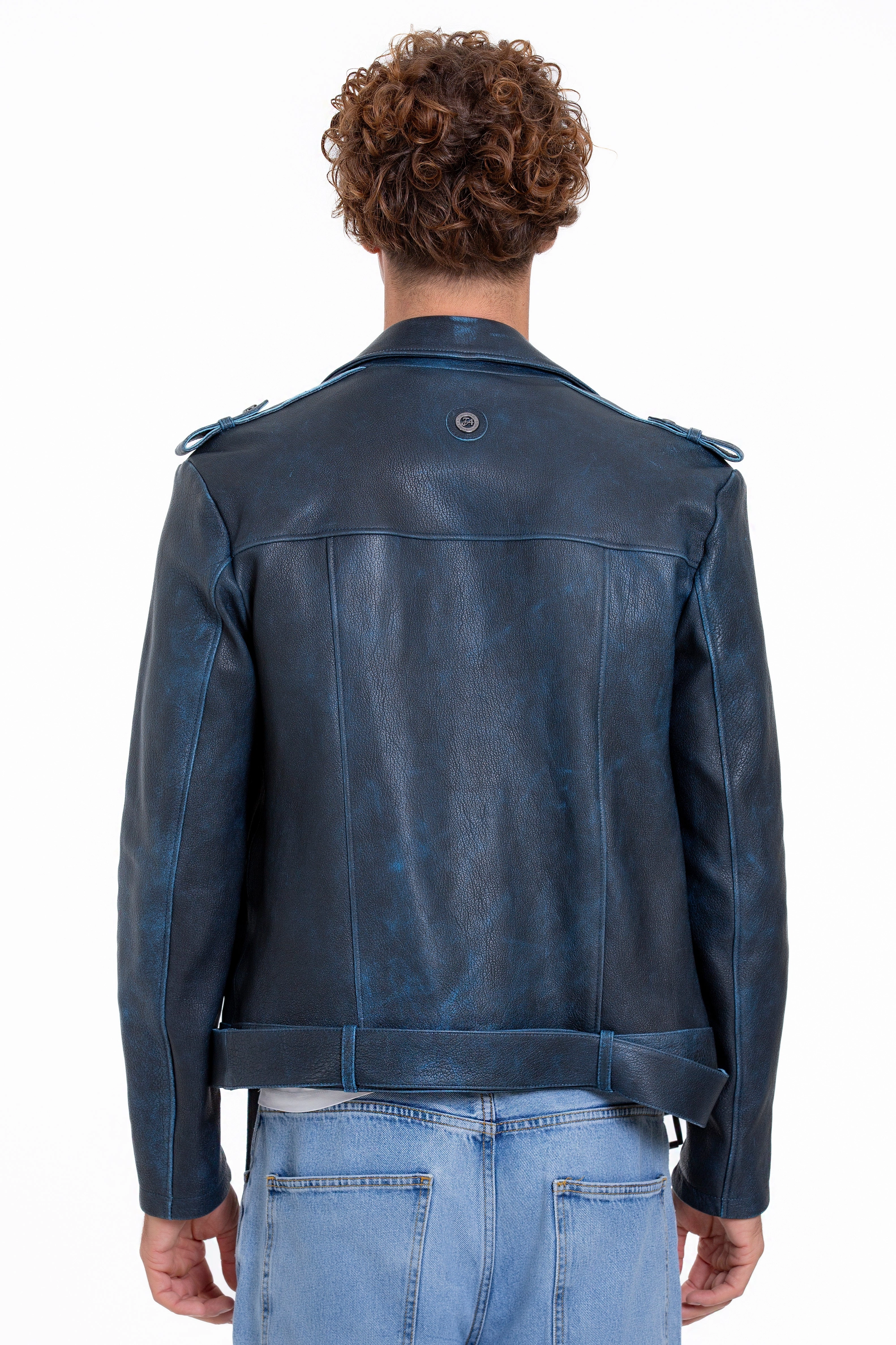 The Shanghai Blue Aged Leather Biker Men Jacket