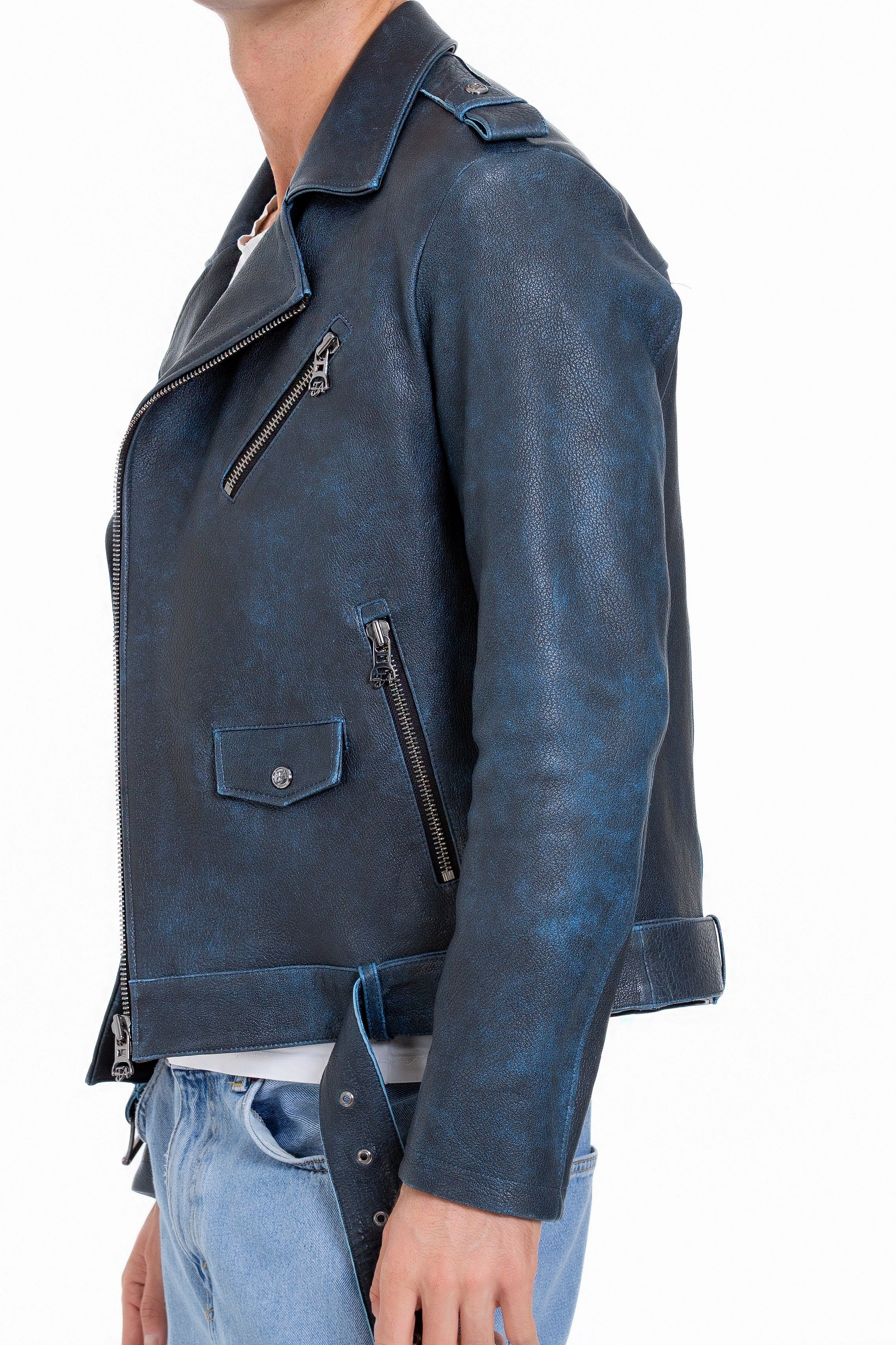 The Shanghai Blue Aged Leather Biker Men Jacket