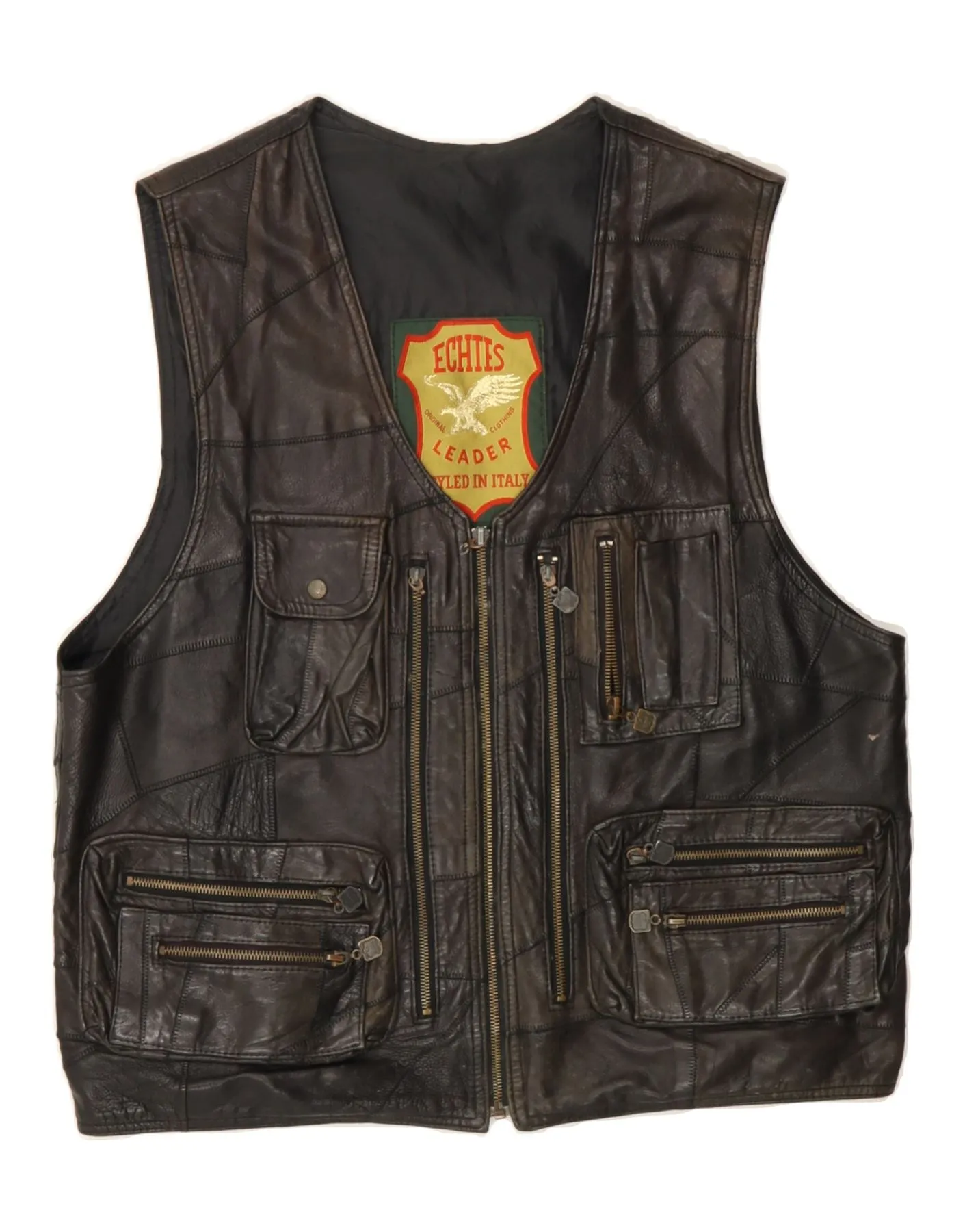 VINTAGE Mens Leather Gilet UK 42 XL Black Leather