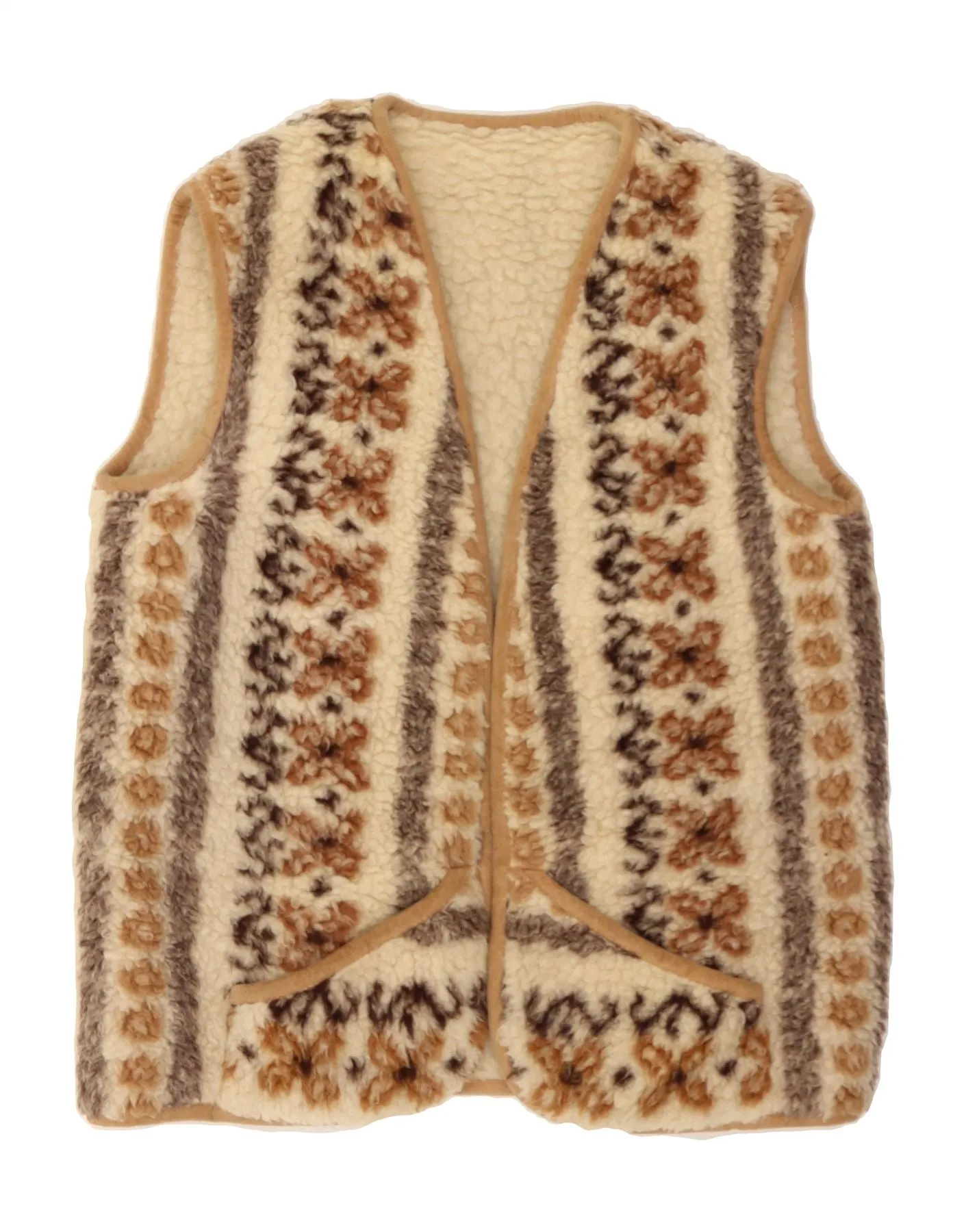 VINTAGE Womens Fleece Gilet UK 16 Large Beige Striped