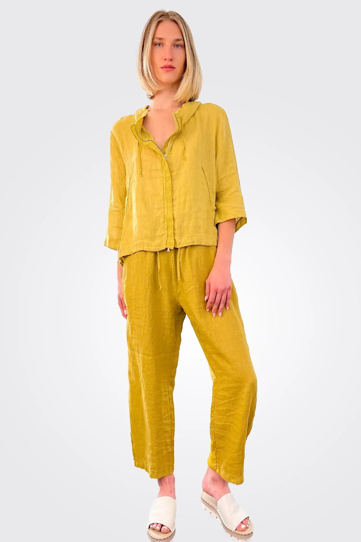 Zipped Hooded Linen Jacket - Lime