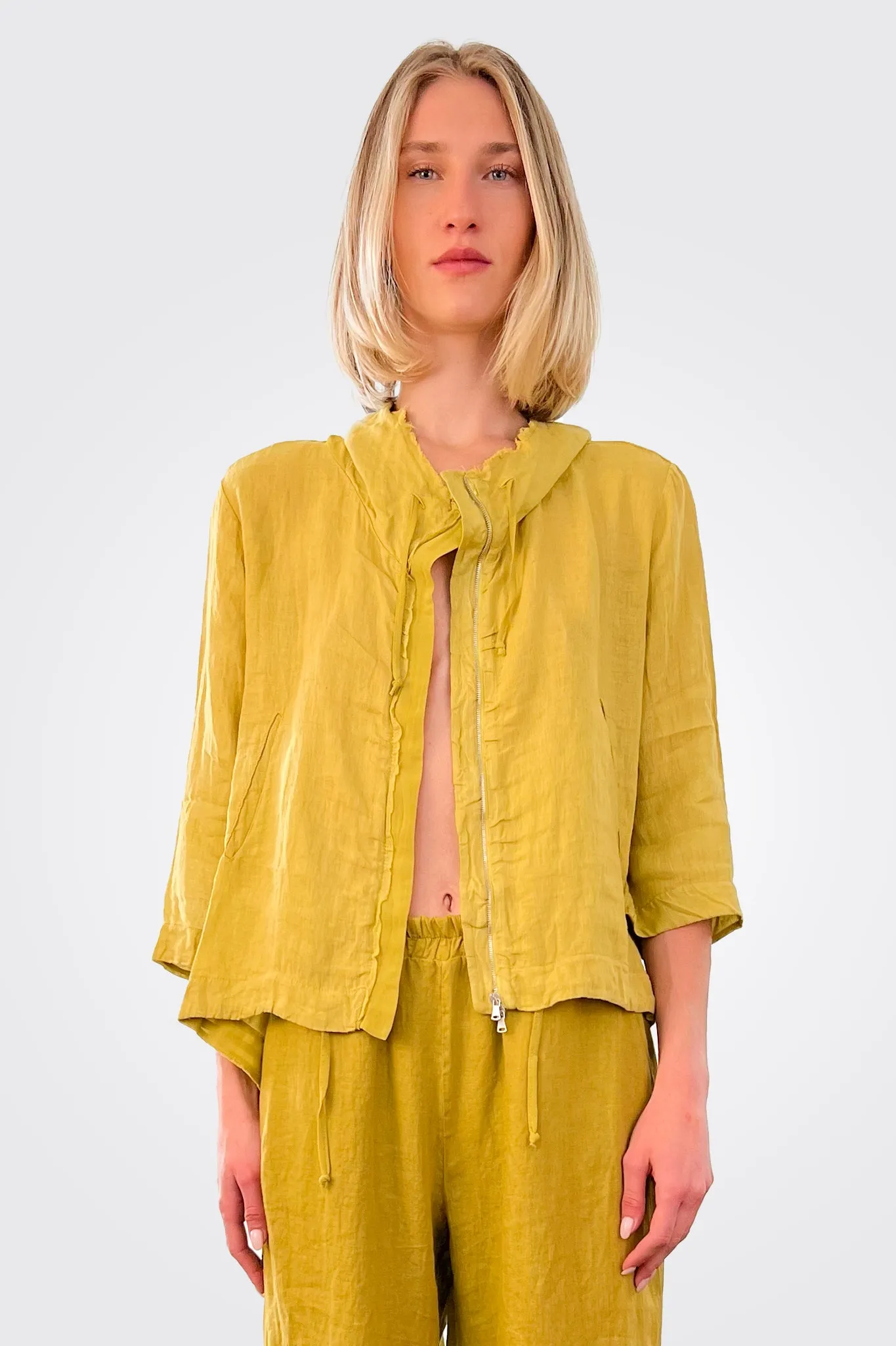 Zipped Hooded Linen Jacket - Lime